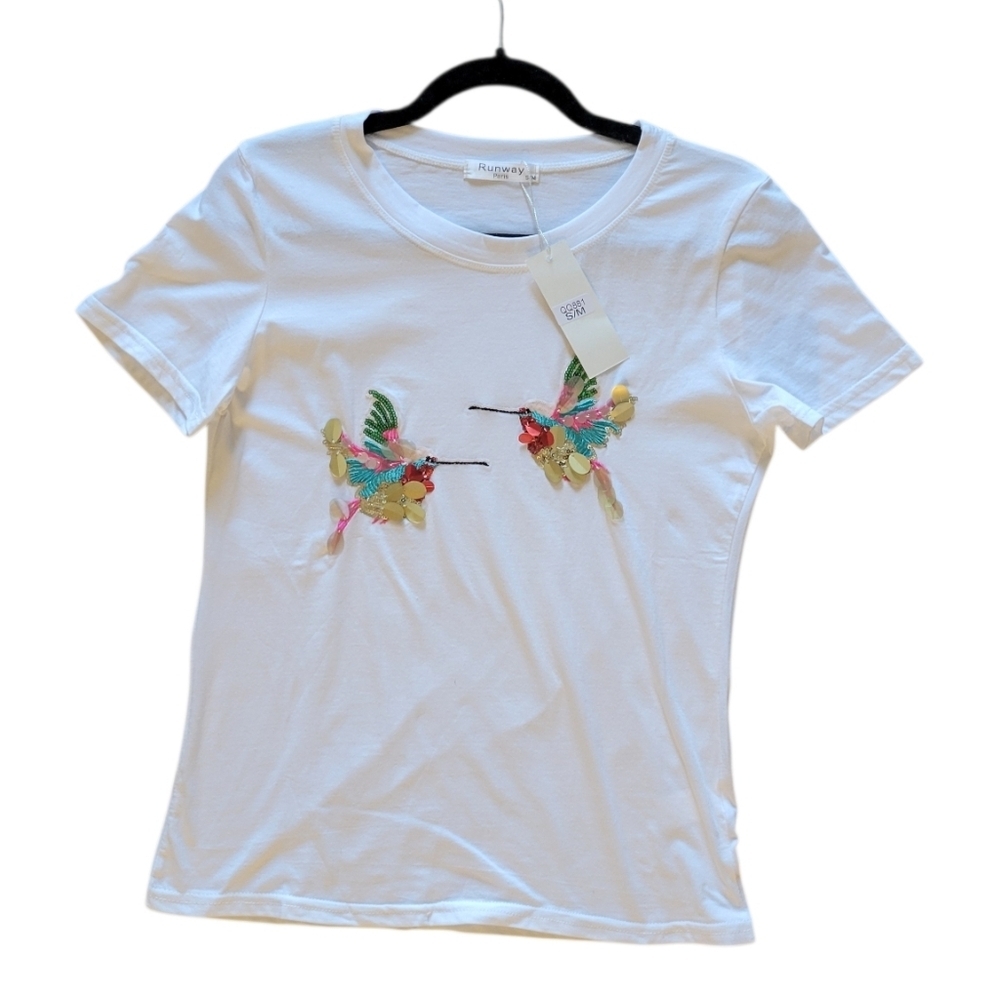 Women’s White Short Sleeve Tee with Colorful Hummingbird Embellishment - Picture 2 of 8